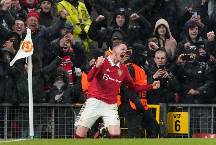 Wout Weghorst pictured celebrating after scoring at Old Trafford for the first time in March 2023